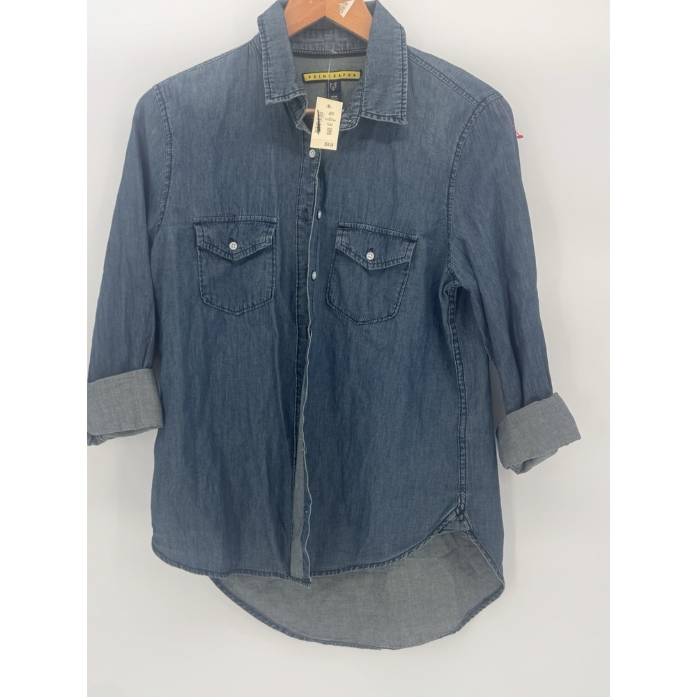 NWT Prince & Fox Blue Denim Button Down Shirt Women Size Medium Rolled Sleeve Y2